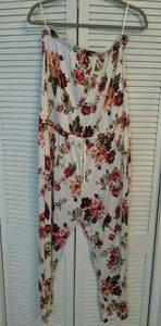 Ambiance Womens White Floral Jumpsuit w Drawstring